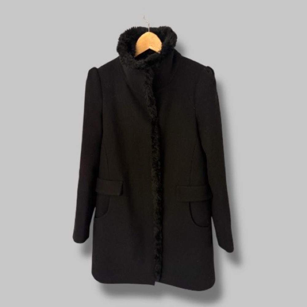 Zara Black Faux Fur Collar Coat Medium - Picture 2 of 7